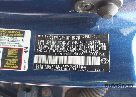 2011 Toyota Camry Le z USA, uszkodzony, nr VIN 4T1BF3EK3BU704655